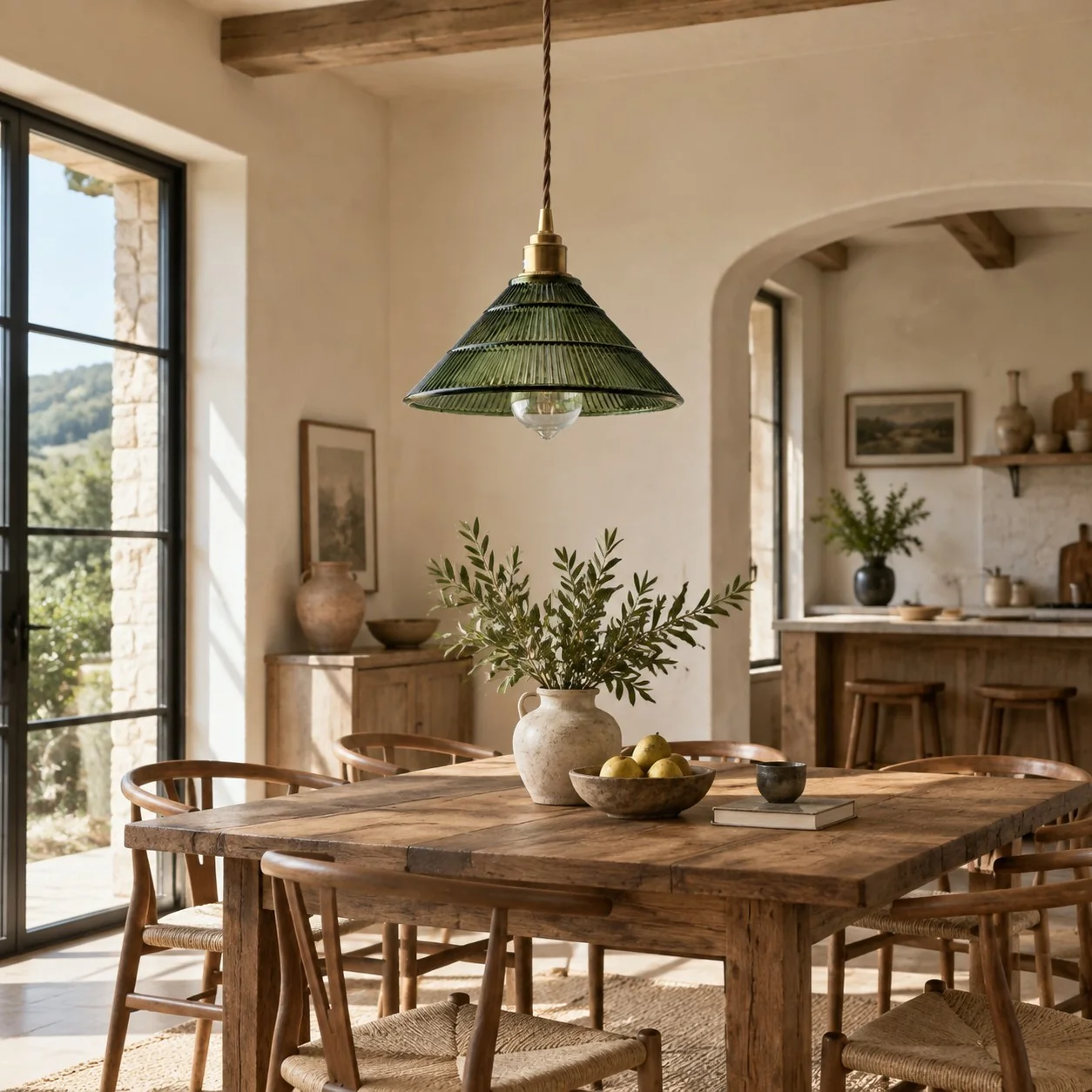Green pendant over a rustic dining table
