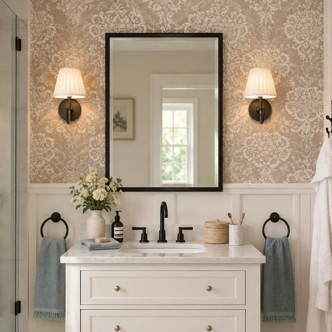Paired Luvora sconces flanking a vanity mirror