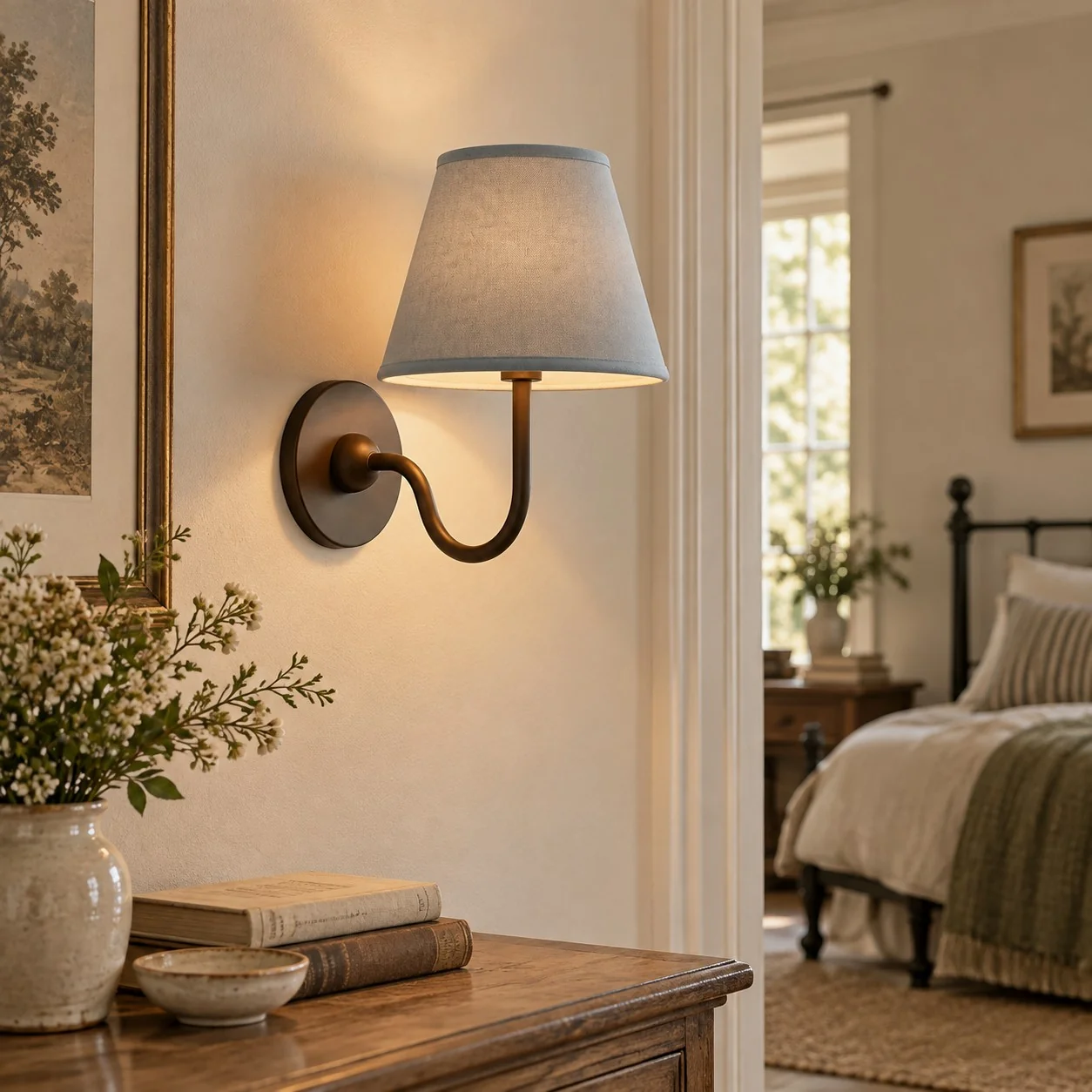 Luvora sconce above a hallway console toward the bedroom