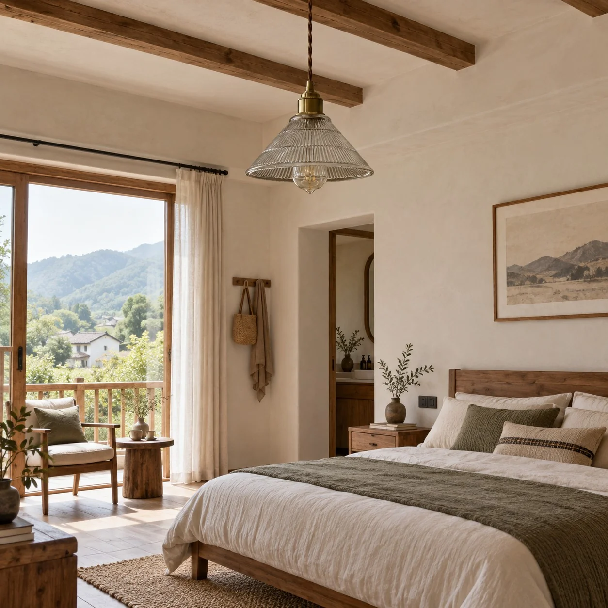 Ribbed glass pendant in a sunlit bedroom