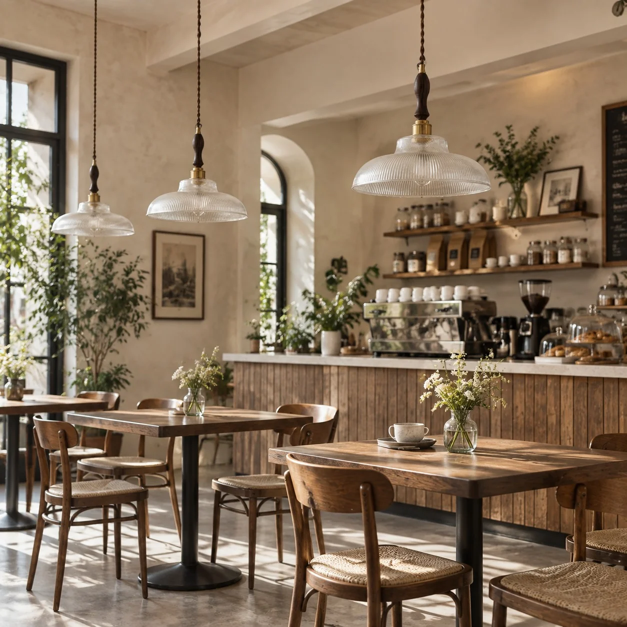 Clear pendants hanging in a cafe