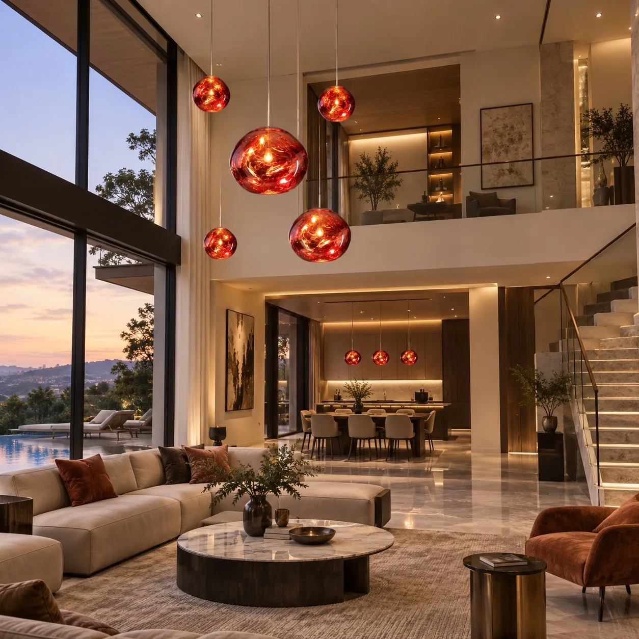 Red pendant cluster in a double-height living room