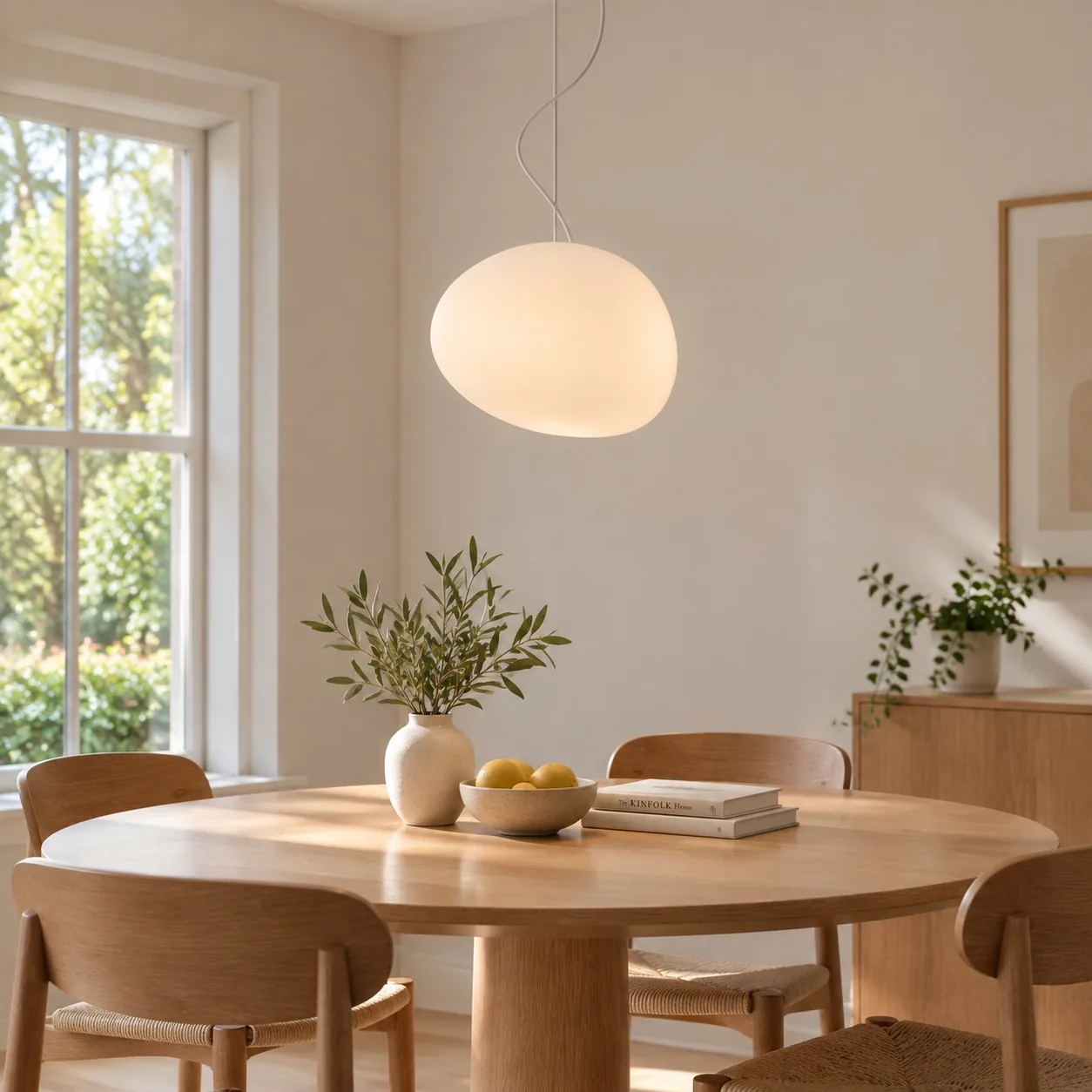 Pebora pendant over a light wood dining table