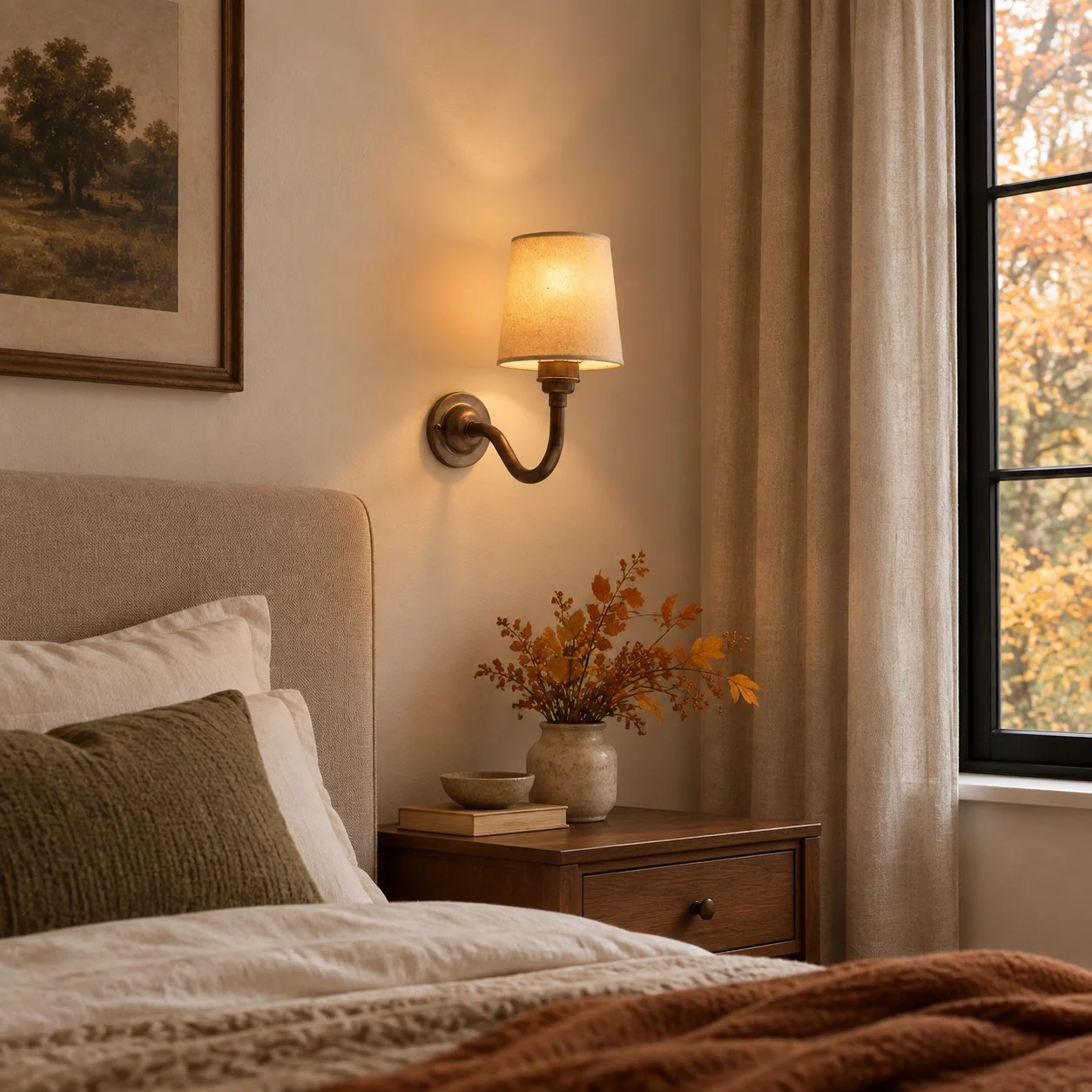 Solmire Fabric Wall Sconce — Vintage Linen Curved Arm for Bedroom — image 5
