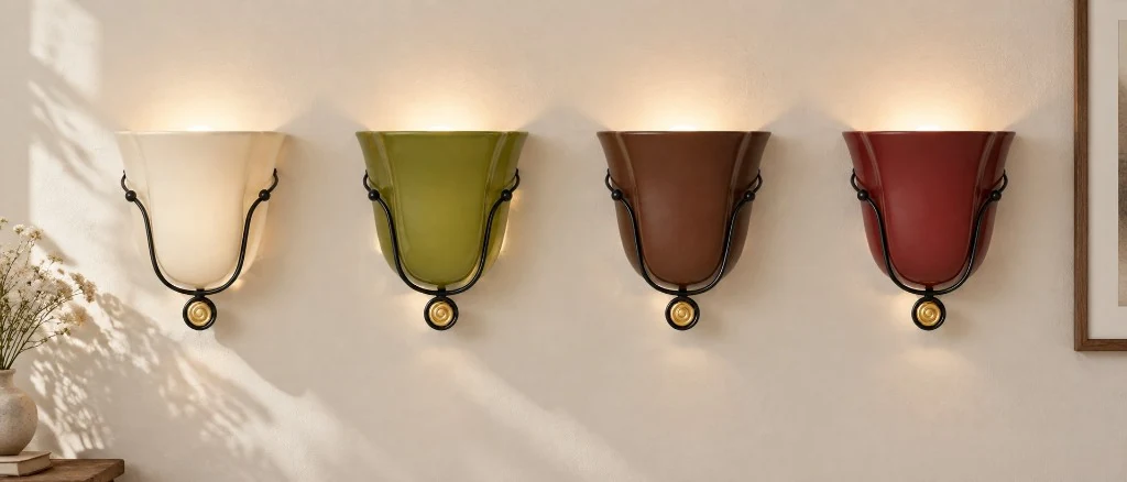 Velora acrylic shell sconces in four colors, lit in a row