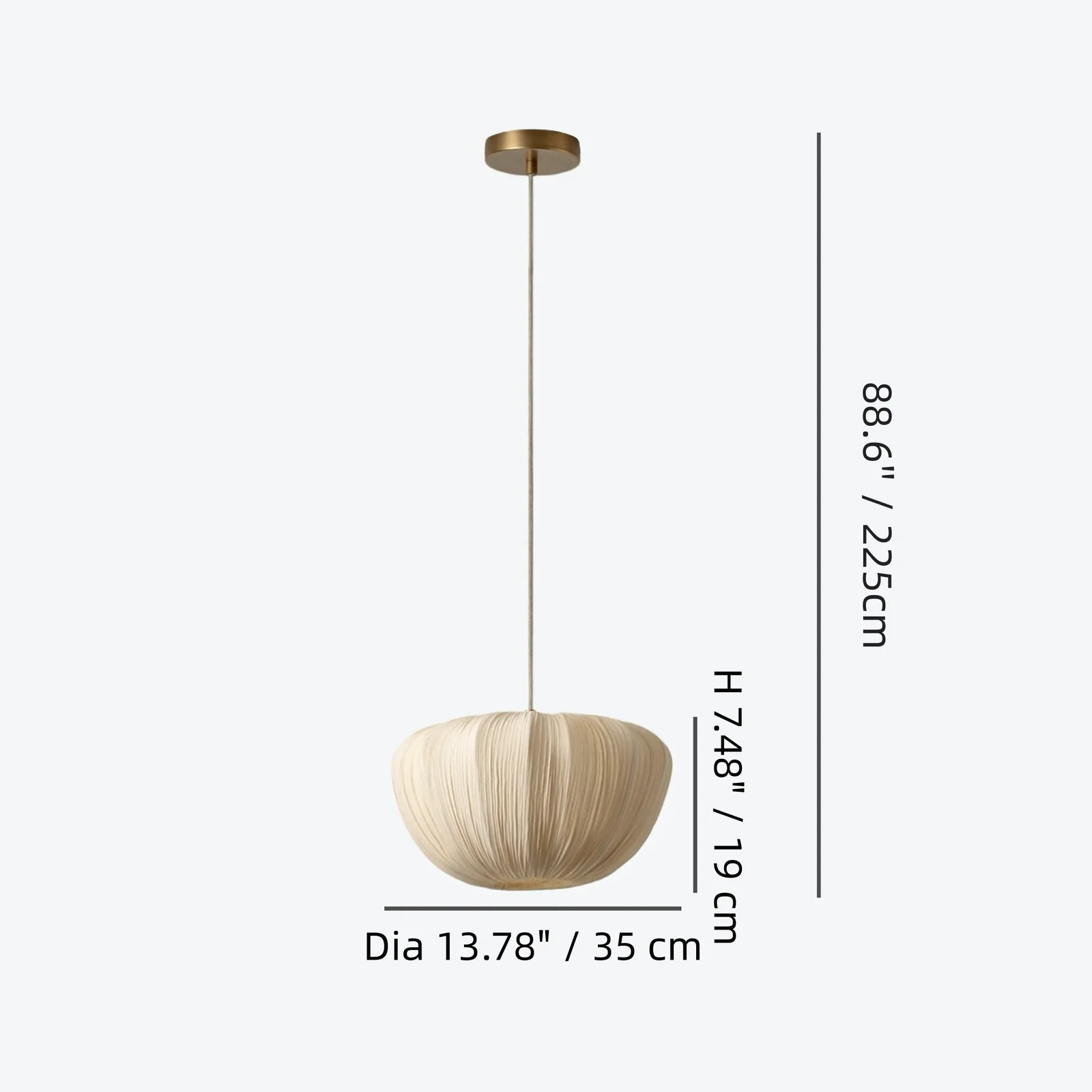 Linara Small size diagram: Dia 35 cm / 13.78 in, shade H 19 cm / 7.48 in, max hang 225 cm / 88.6 in