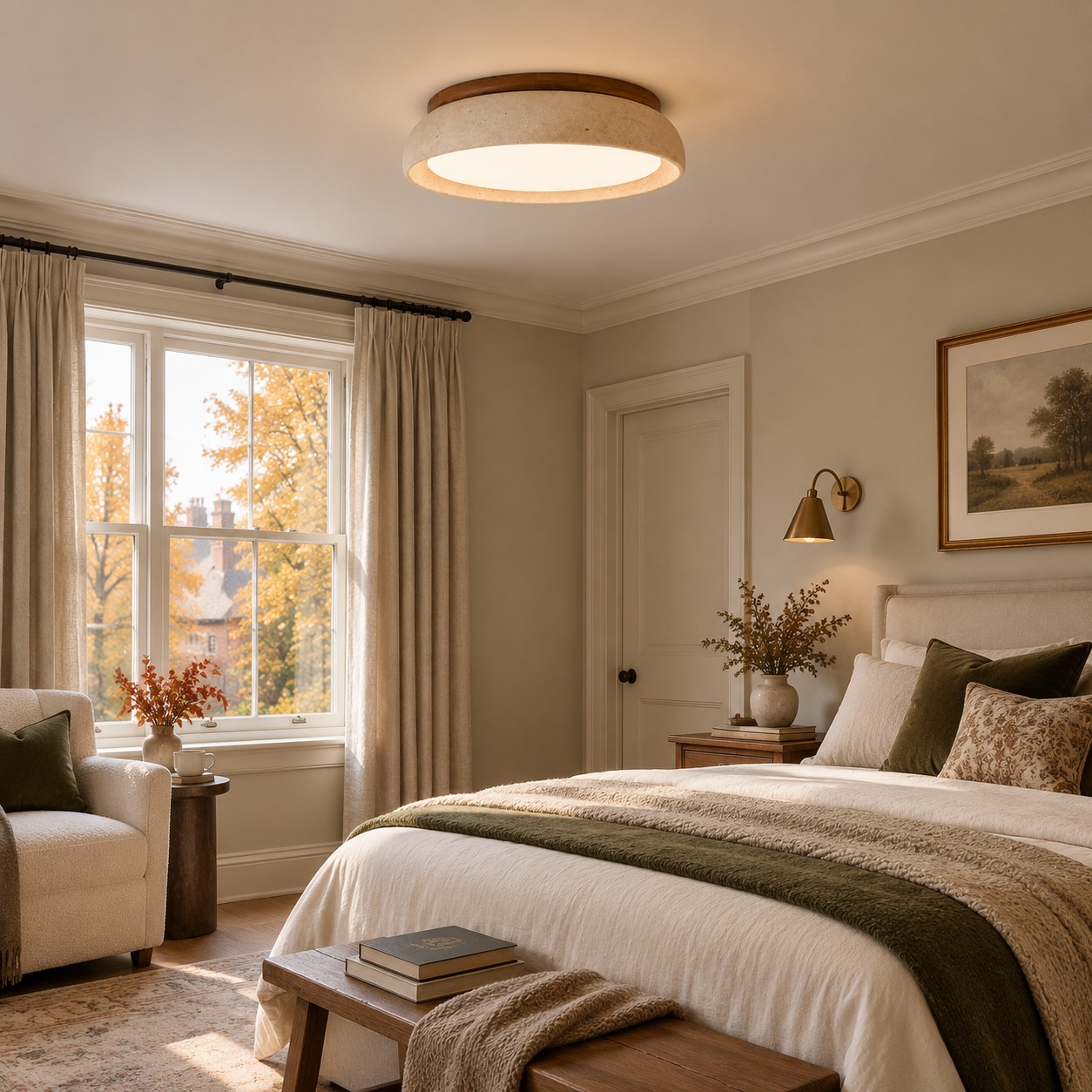 Travertine ceiling light scene: Primary bedroom