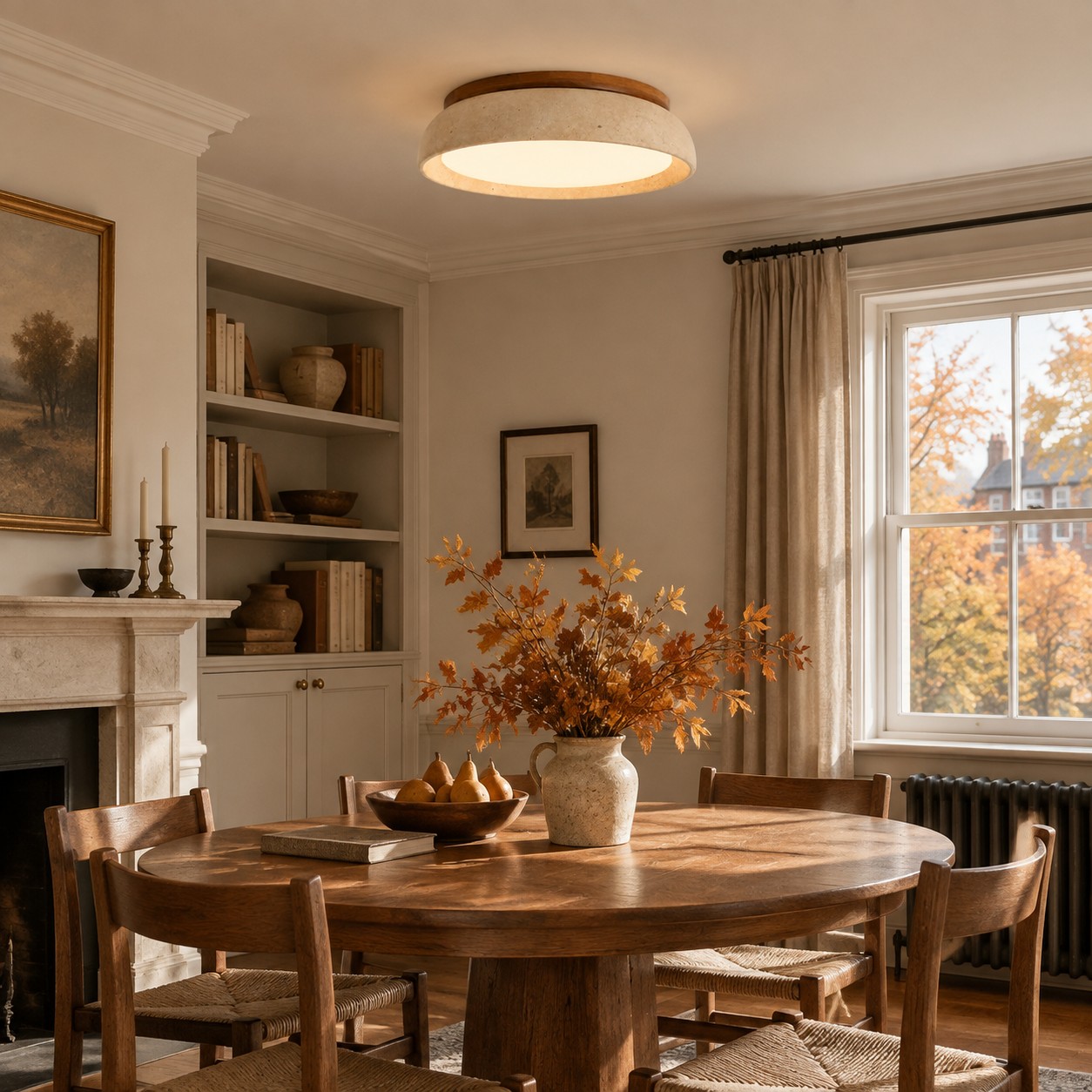 Travertine ceiling light scene: Living & dining
