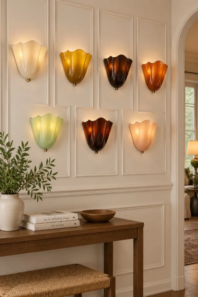 Velora glass shell sconces lit on the wall