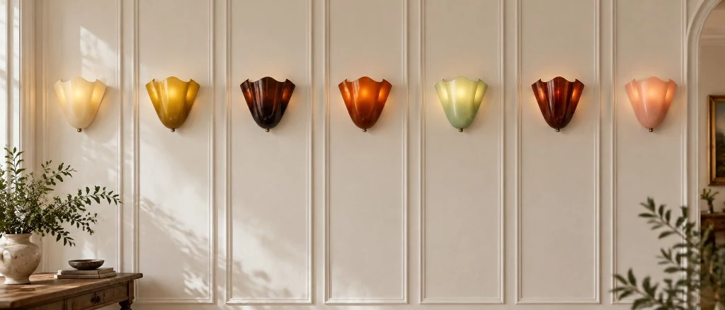 Velora glass shell sconces in seven colors, lit in a row