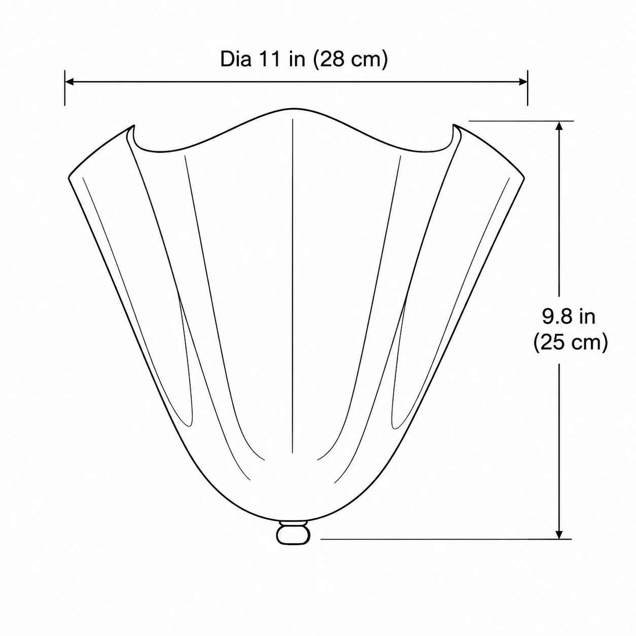 Velora glass dimensions line drawing