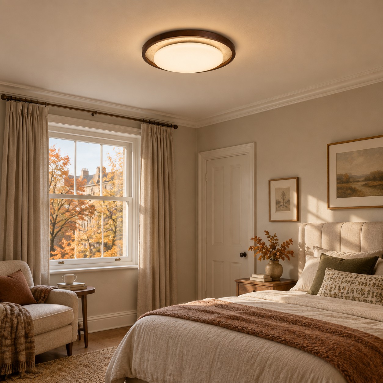 Travertine ceiling light scene: Bedroom corner