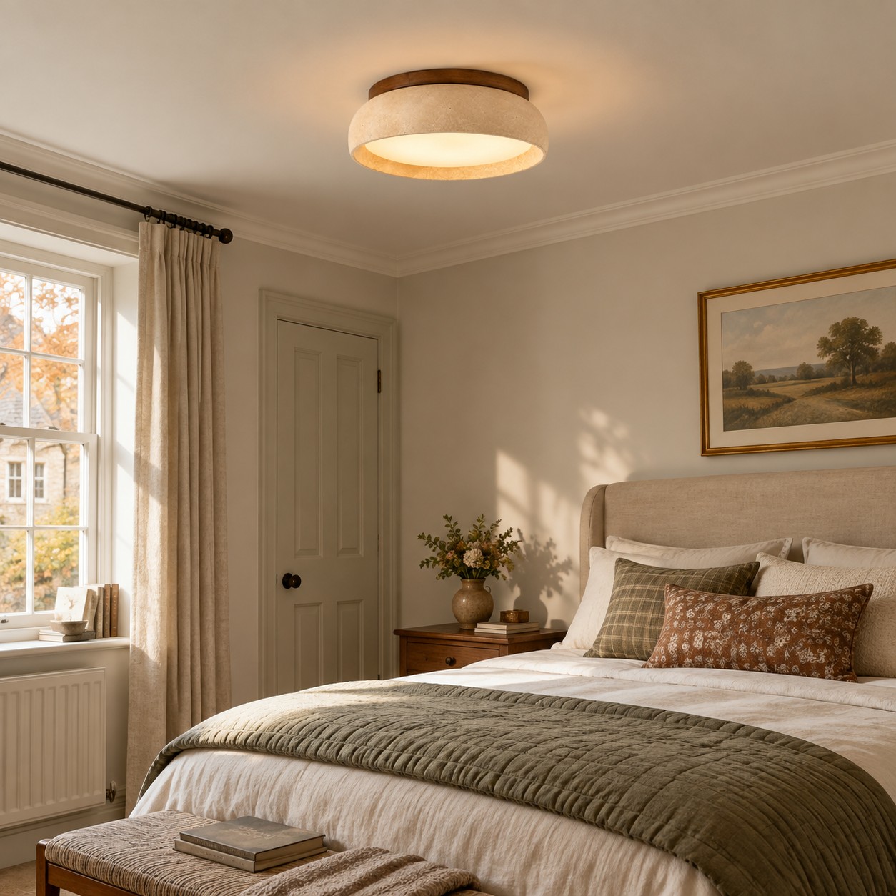 Travertine ceiling light scene: Bedroom