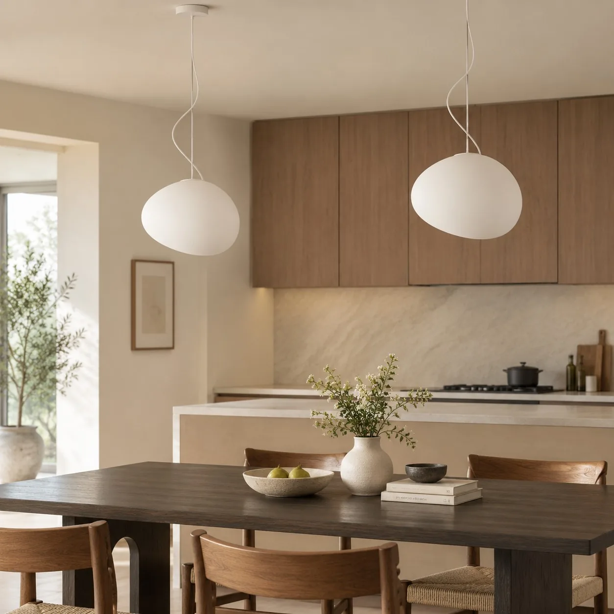 Two Pebora pendants over a dark wood dining table