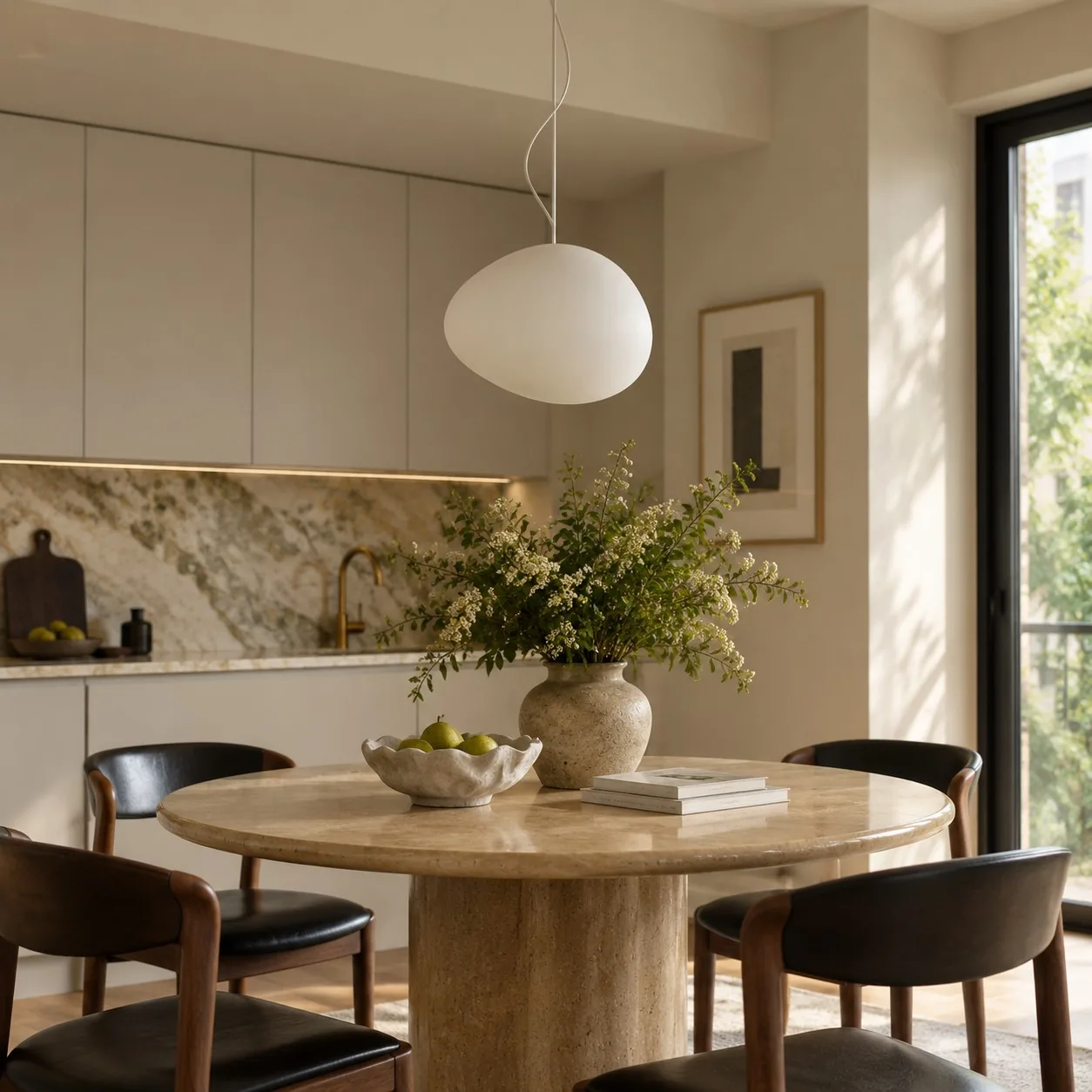 Pebora pendant above a travertine dining table
