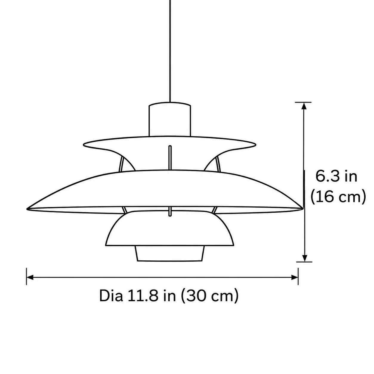 Orbira size diagram 30 cm — Dia 11.8 in × H 6.3 in