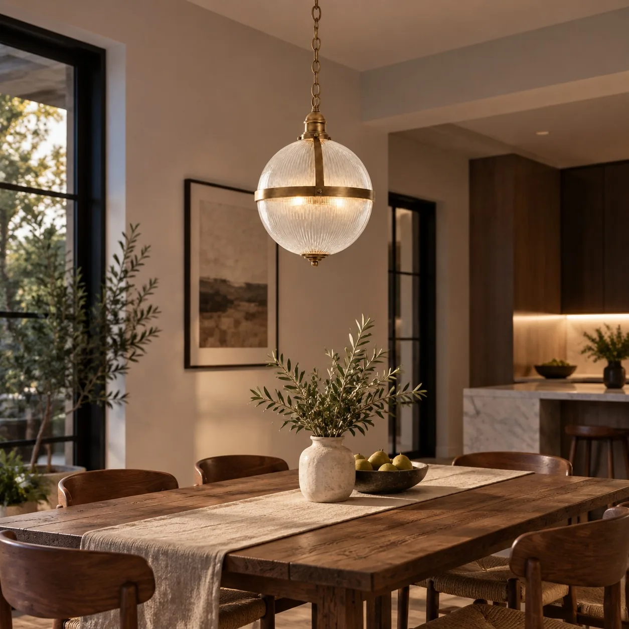 Rivora Vintage Brass Ribbed Glass Globe Pendant Light — image 4
