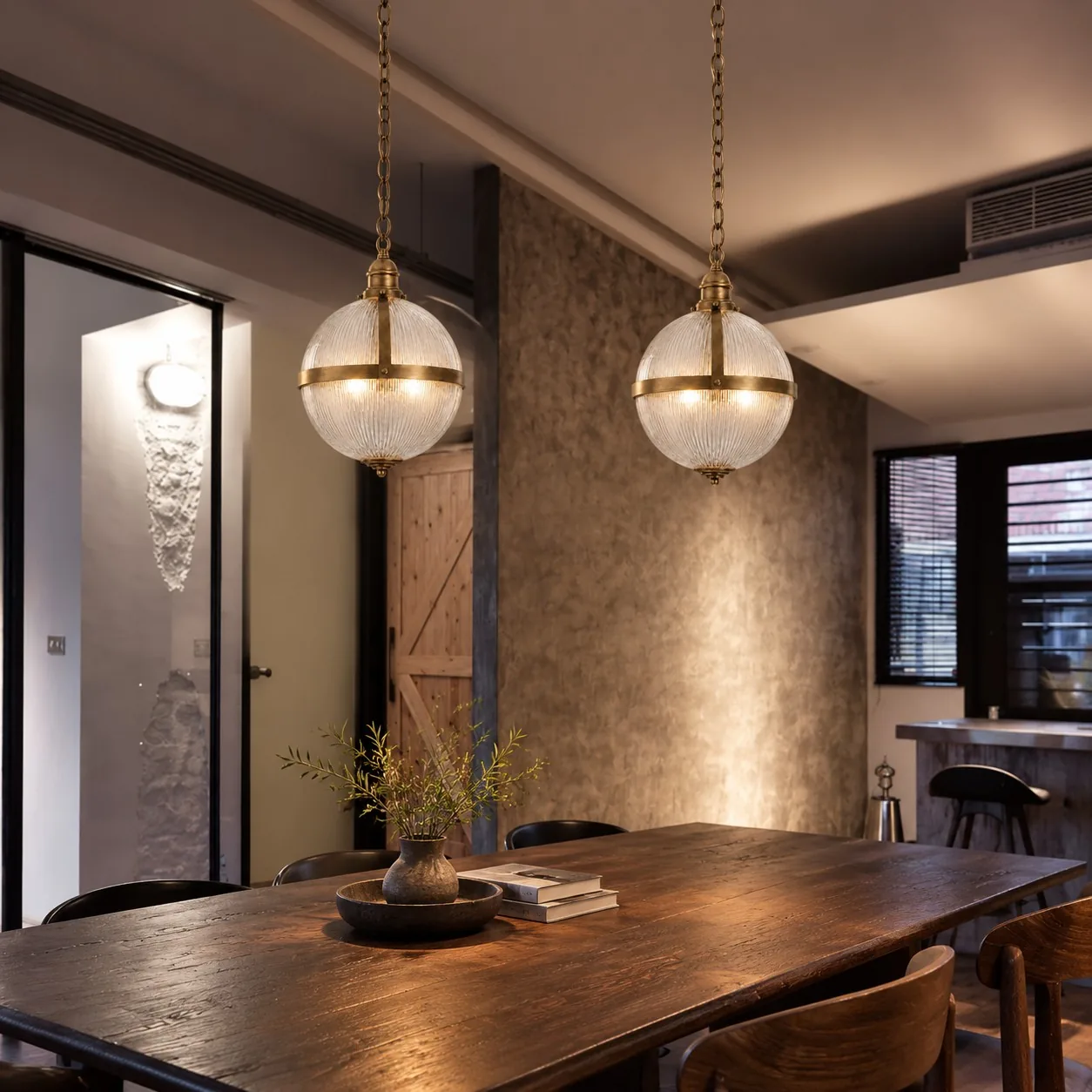 Rivora Vintage Brass Ribbed Glass Globe Pendant Light — image 3
