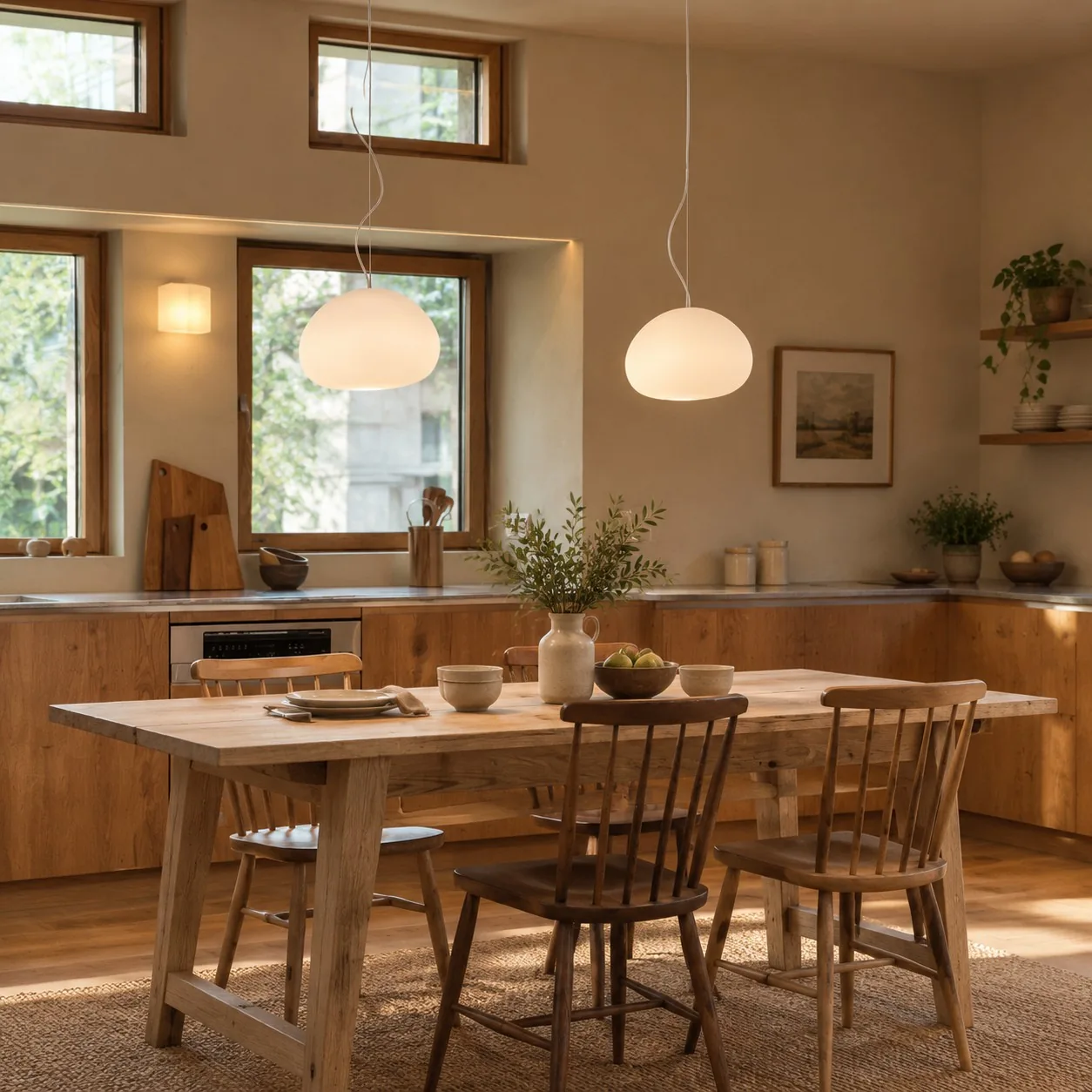 Two Pebora pendants in a warm wood kitchen