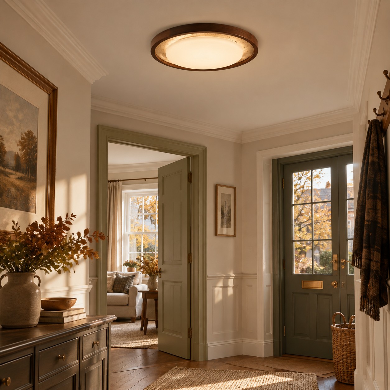 Travertine ceiling light scene: Foyer