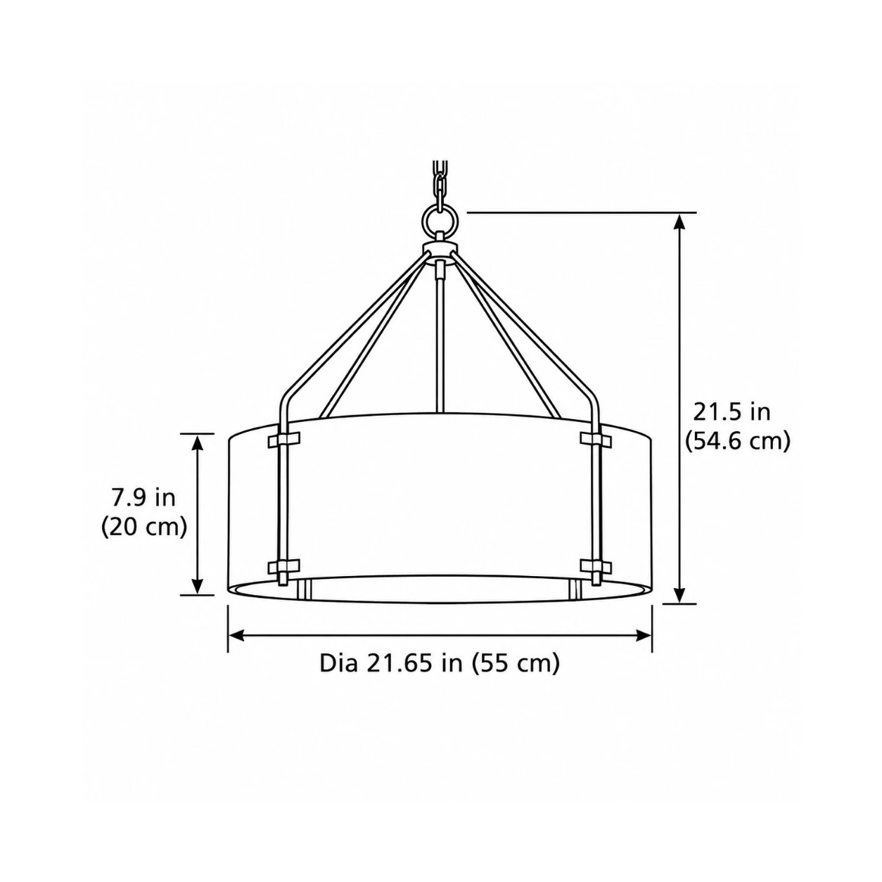 Ferrona size diagram — Dia 21.65″ / 55 cm, H 21.5″ / 54.6 cm, shade H 7.9″ / 20 cm