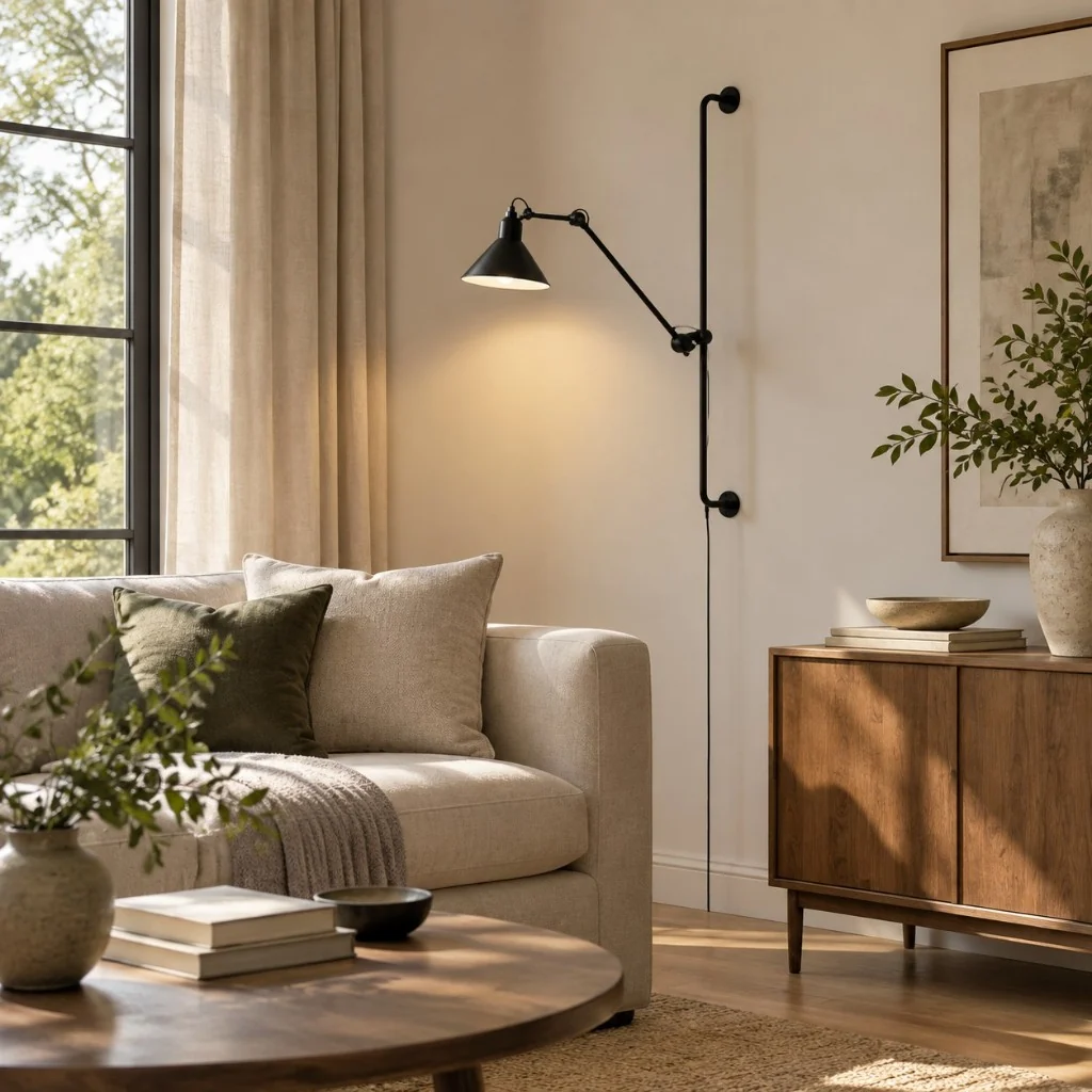 Articula wall light beside a sofa in a living room