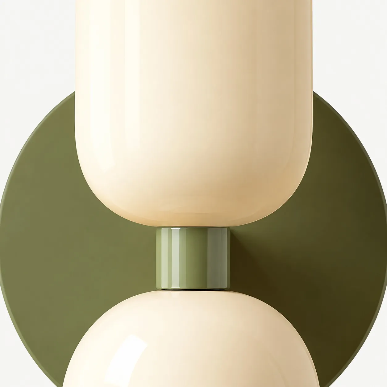 Close-up of the green metal connector, circular backplate and rounded white shades