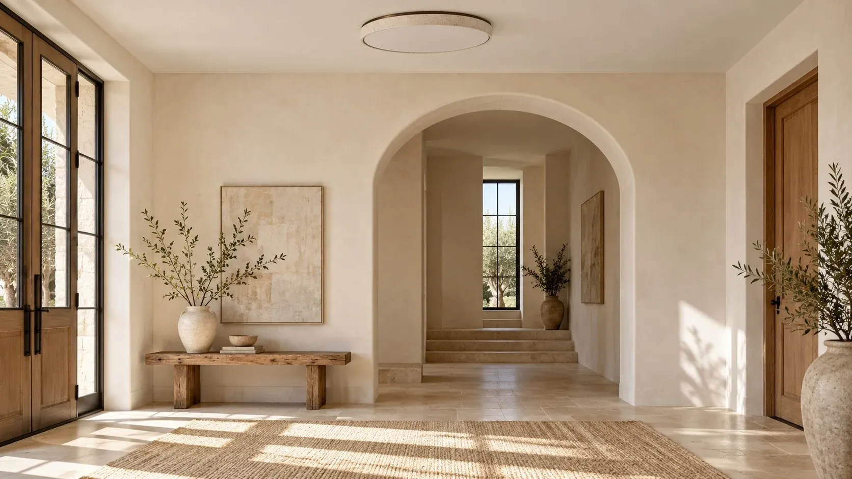 Walnut Color travertine flush mount unlit in an entry in daylight