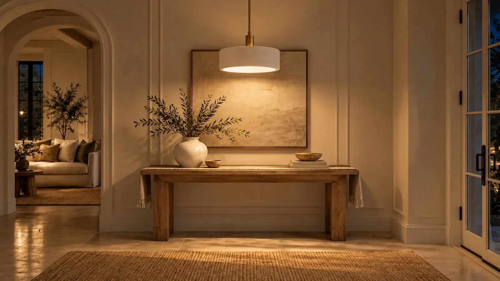 The same 14 inch porcelain drum pendant lit over the console at night