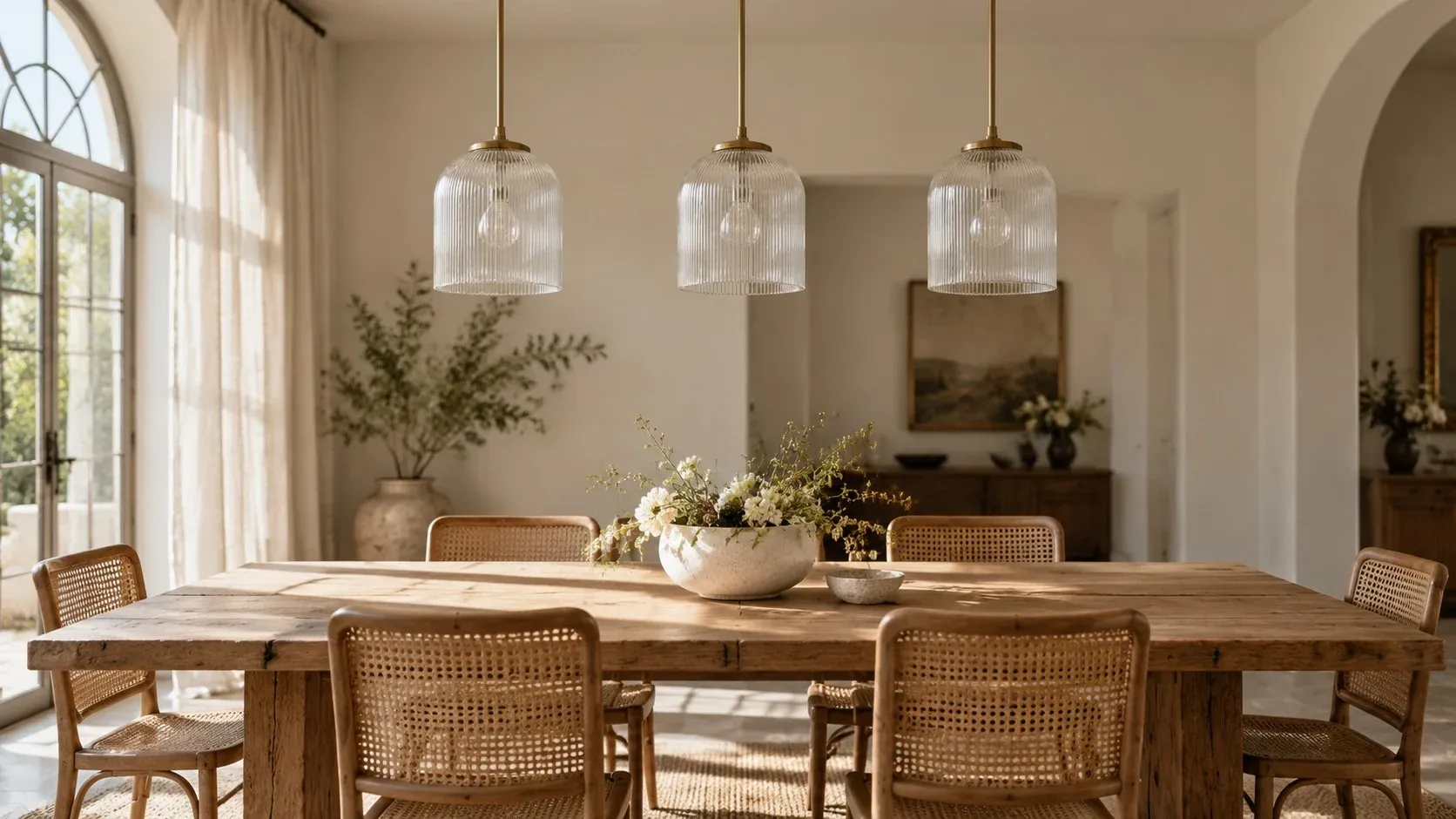 Three brass ribbed bell pendants unlit over a dining table in daylight