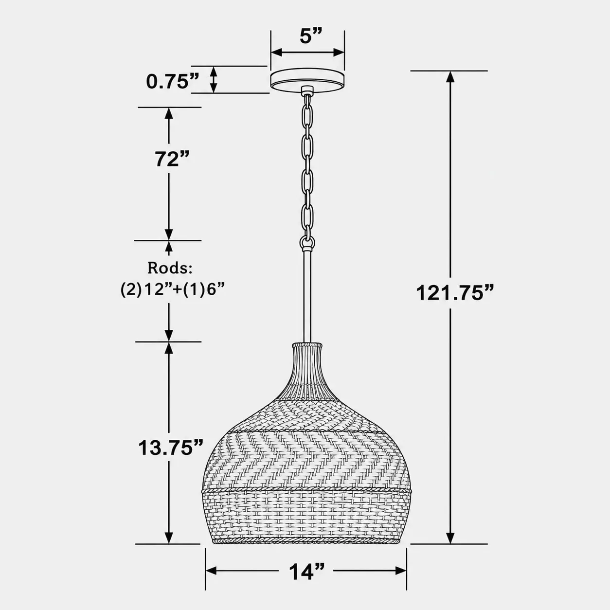 Dimension drawing, 14 inches across and 13.75 inches high