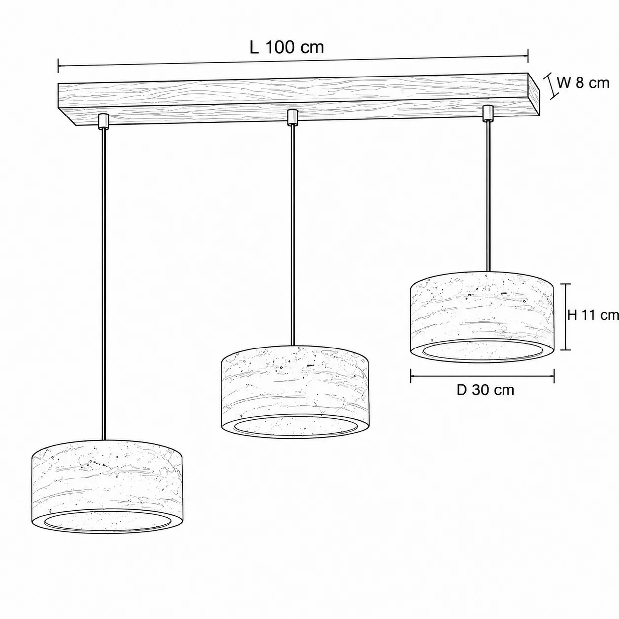 Dimension drawing, three cylindrical 30 cm shades on a 100 cm walnut bar