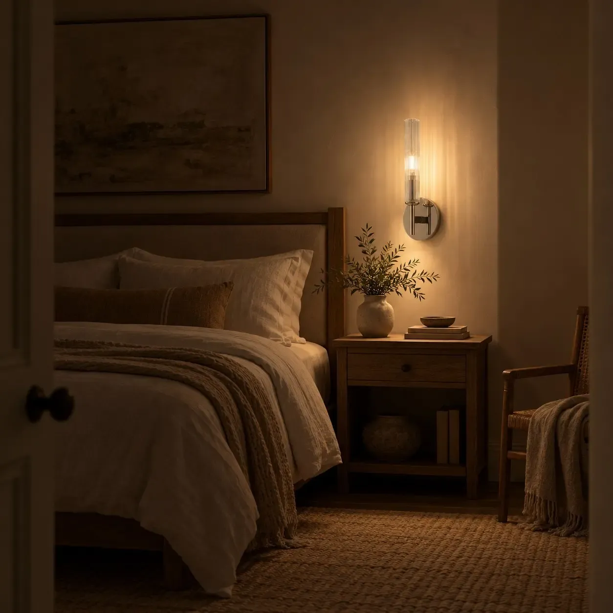 Chrome one-light ribbed glass tube sconce glowing beside a bed at night