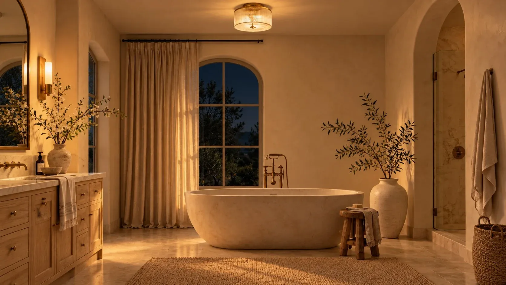 The same brass ribbed glass drum ceiling light glowing in the bathroom at night