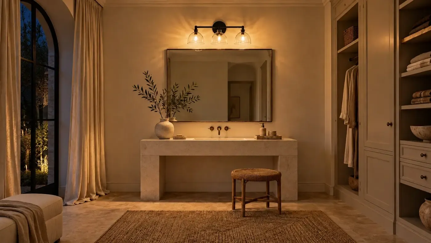 The same three black hammered-glass shades lit over the bathroom vanity at night