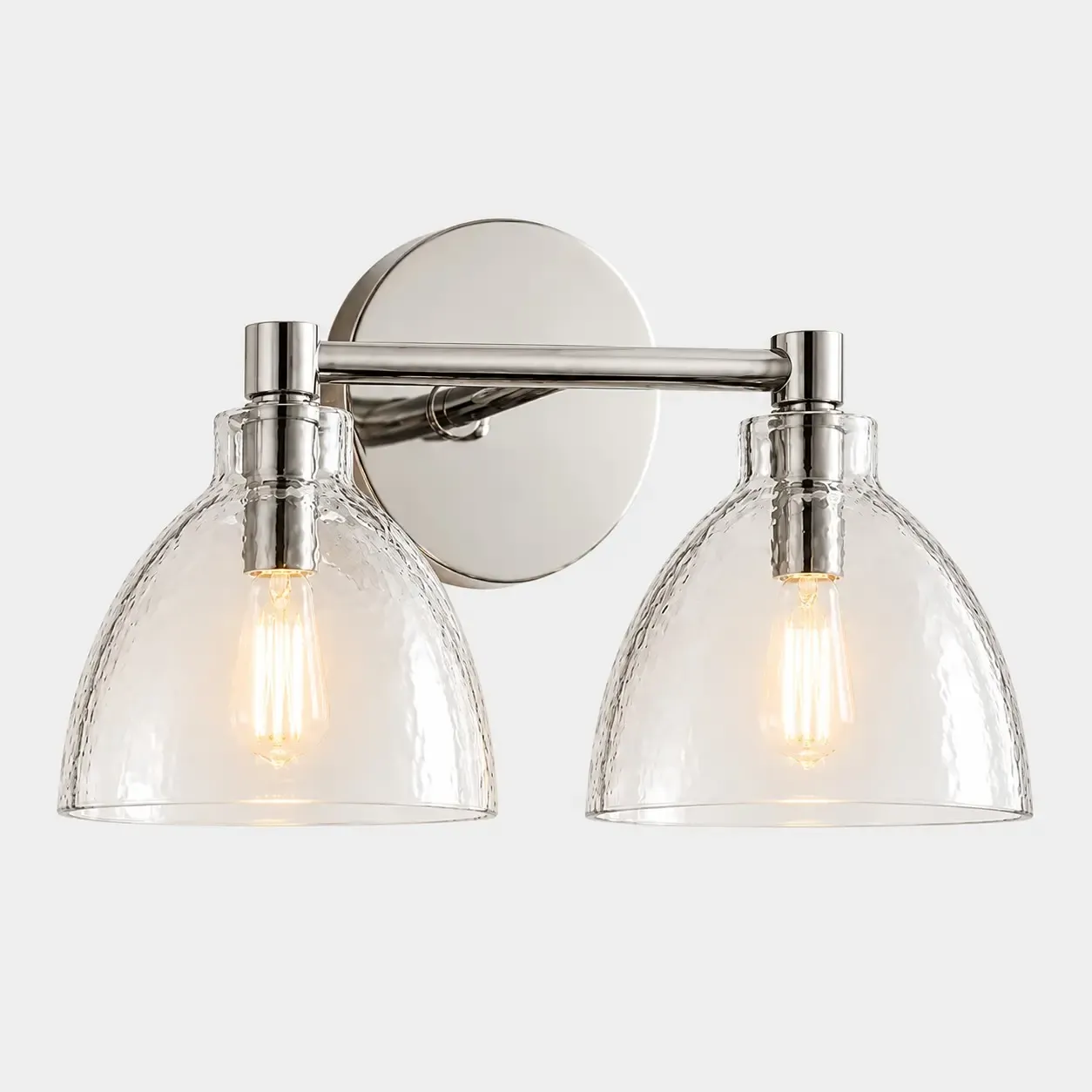 Two hammered glass bell wall sconce in Polished Nickel