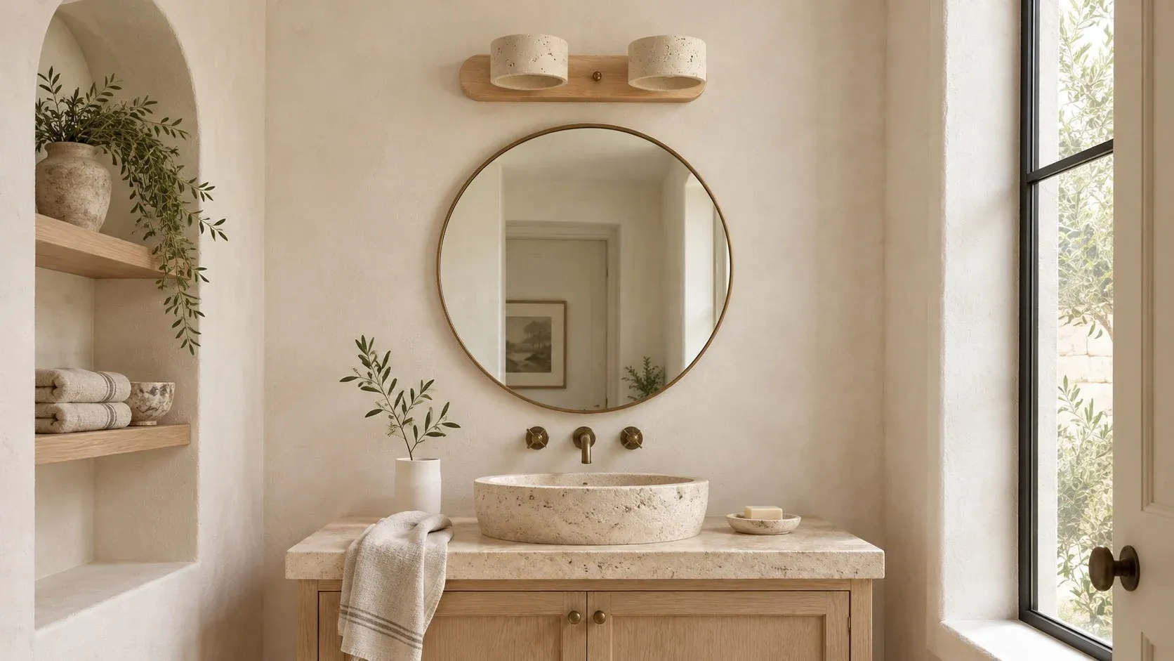 Two-light natural wood sconce unlit above a powder room mirror in daylight