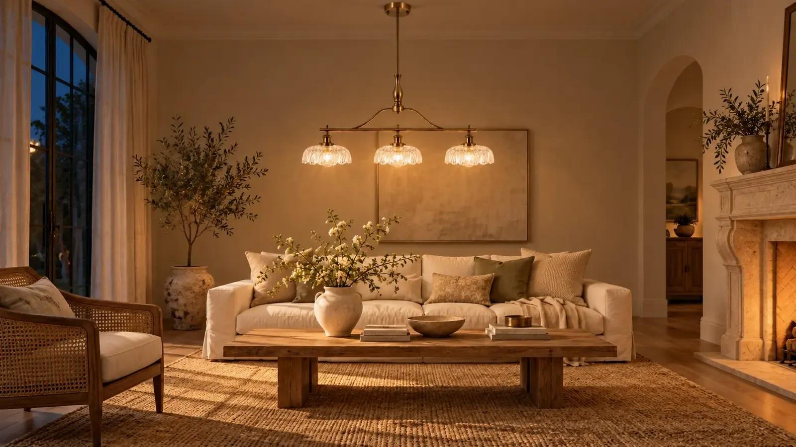 The same living room at night with the three glass shades lit and the fireplace on