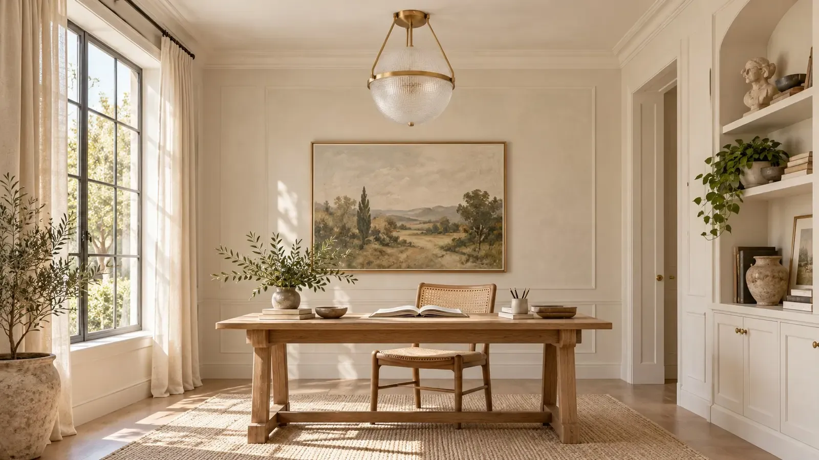 Gold glass globe semi-flush ceiling light, unlit, over a wood desk in a study in daylight