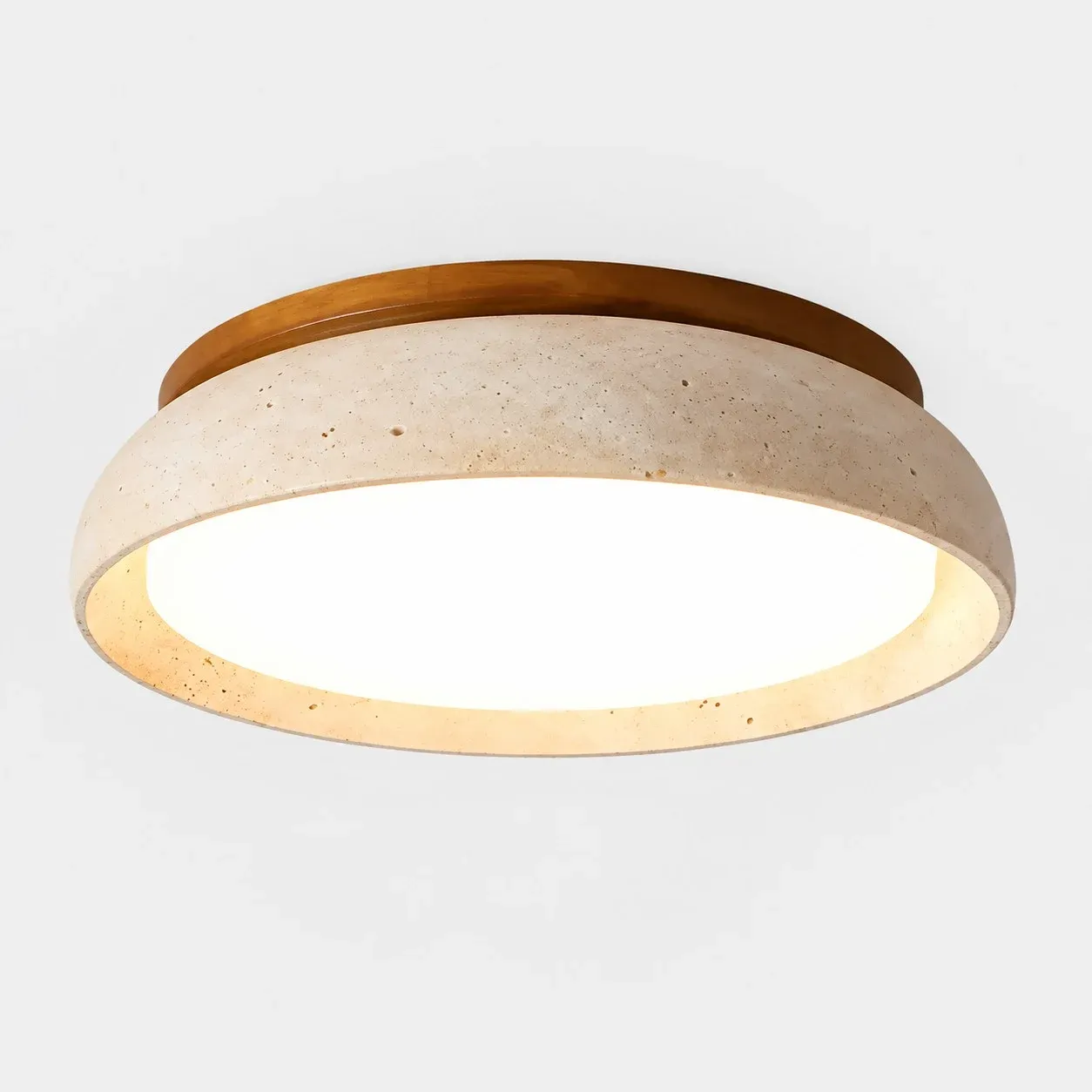 Classic travertine flush mount with a wood ring