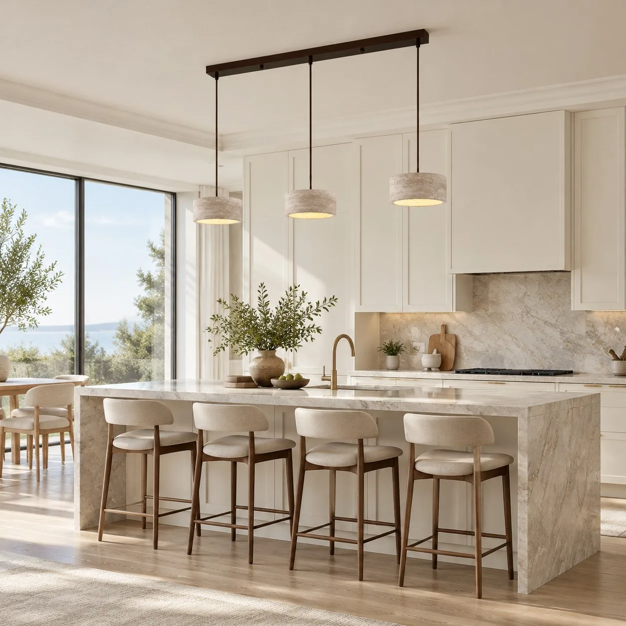Three cylindrical travertine pendants over a kitchen island