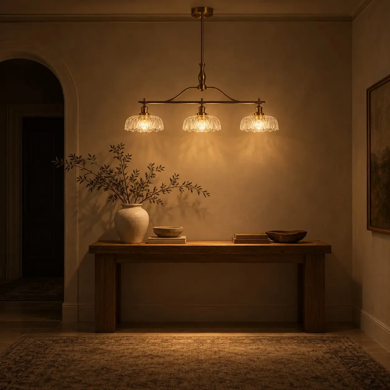 Brass three-shade chandelier lit over a wood console in an entry at night
