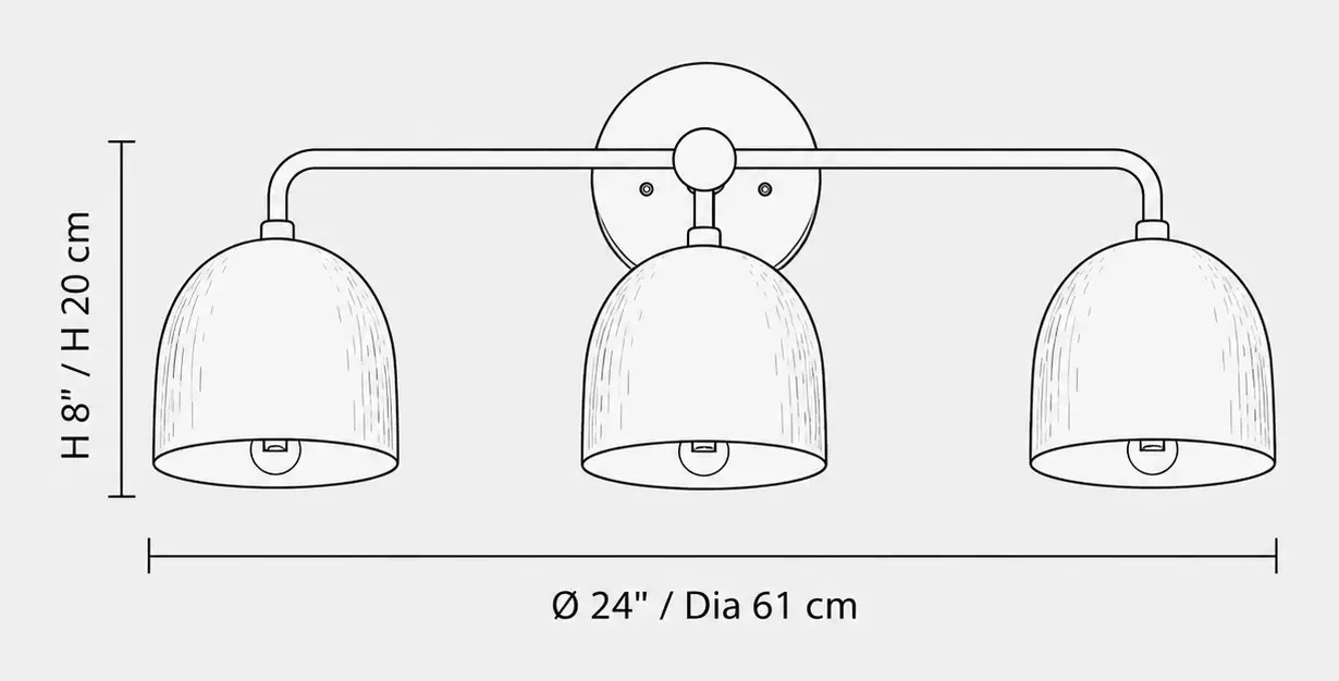 Three-head vanity sconce drawing, 24 inches wide and 8 inches high