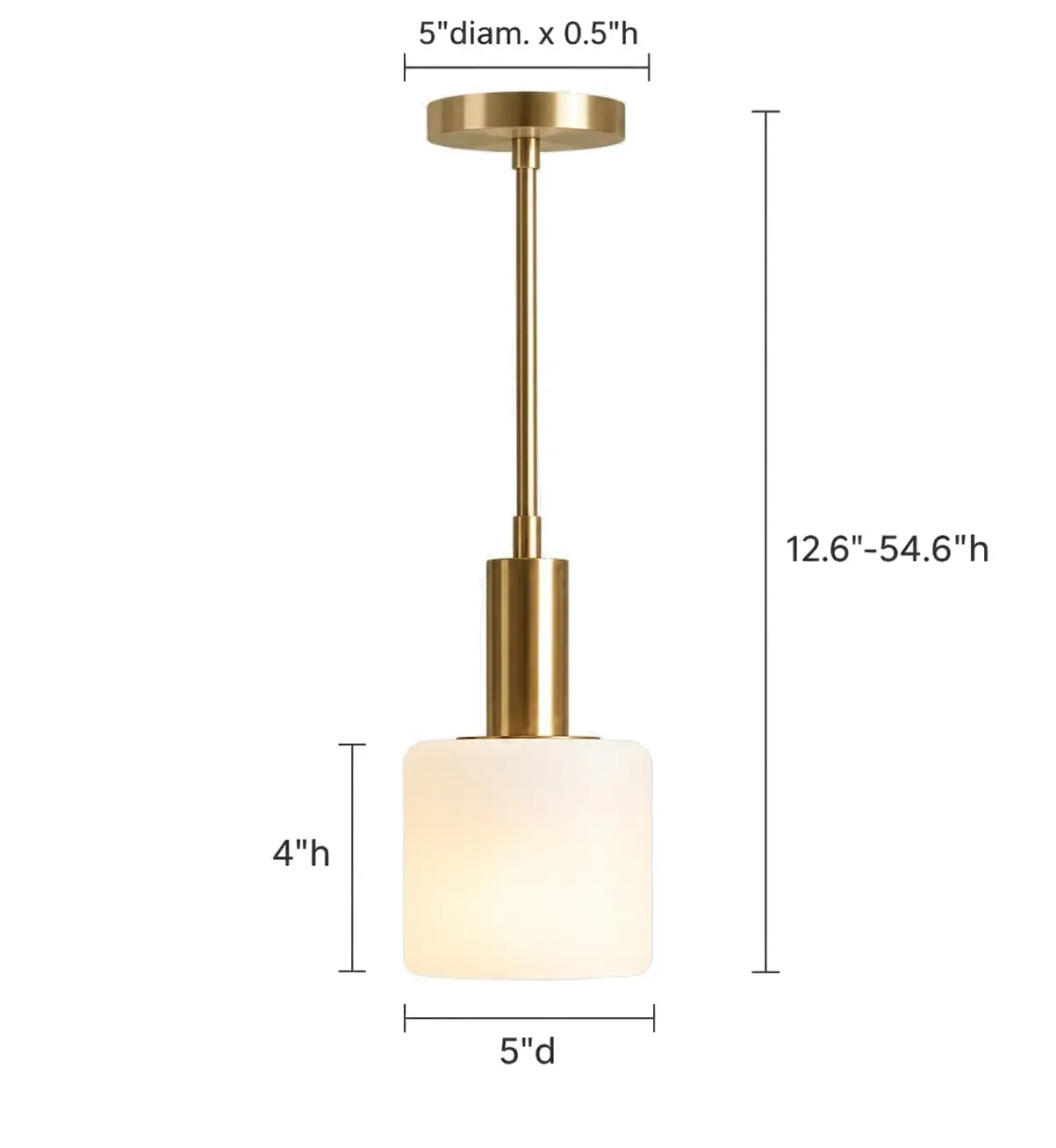 Dimension drawing of the 5 inch porcelain cylinder pendant, shade 5 inches wide and 4 inches high, overall height 12.6 to 54.6 inches