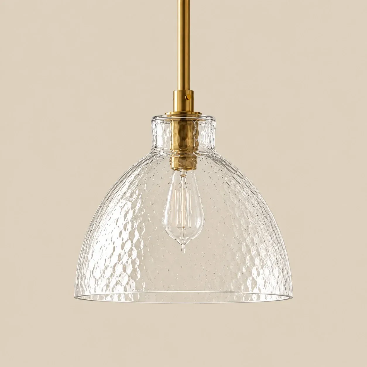 14 inch hammered glass bell pendant in Brass