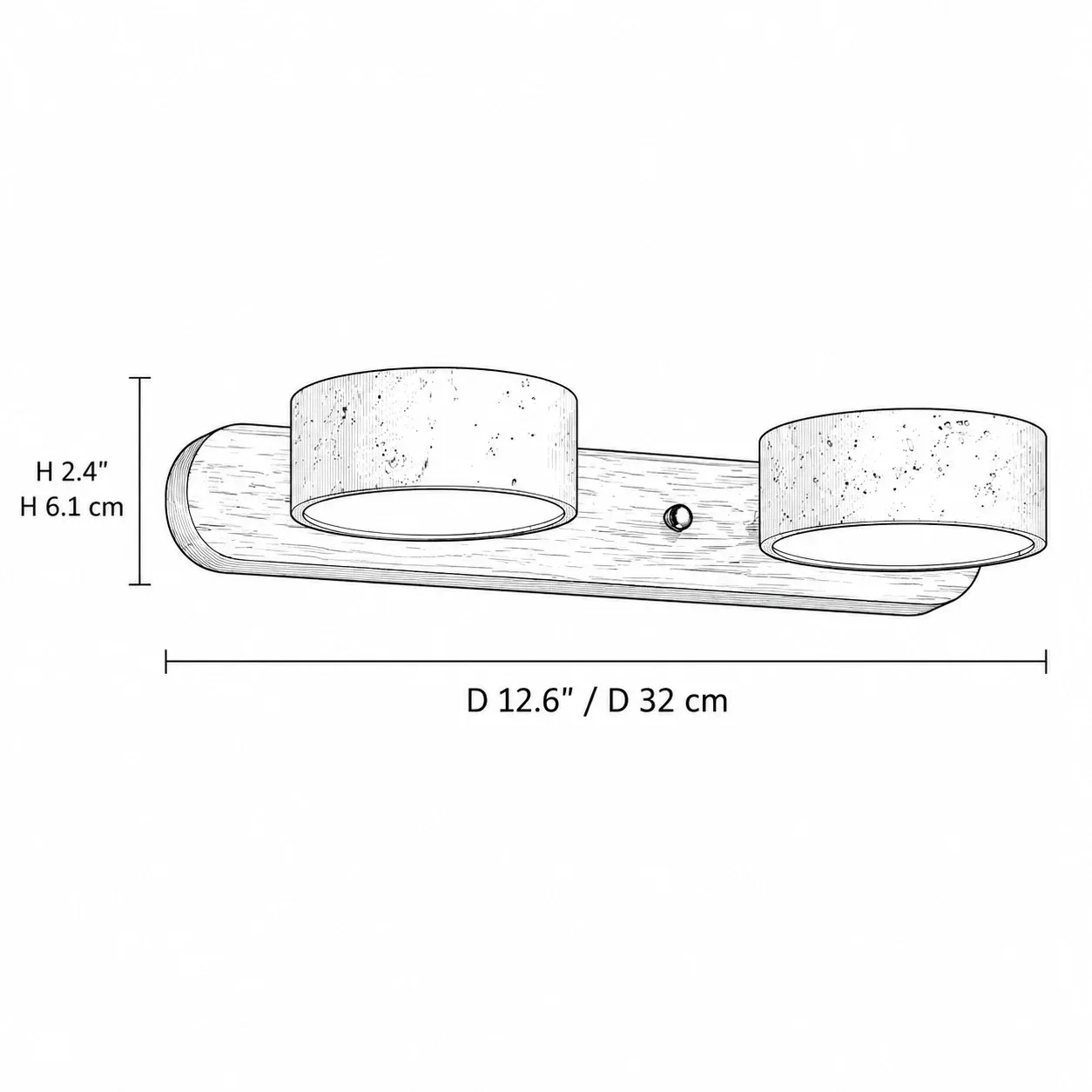 Dimension drawing, 12.6 inches long and 2.4 inches high