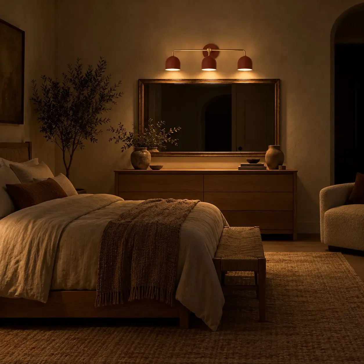 Red three-dome brass sconce glowing above a bedroom dresser at night