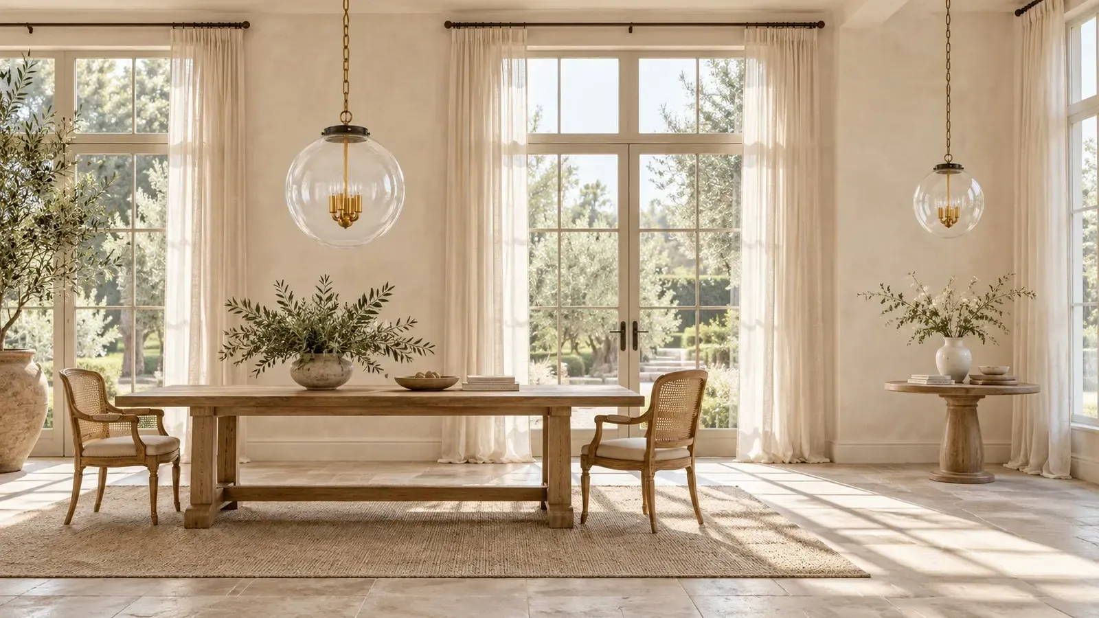 Two clear glass globe pendants, a larger one over a dining table and a smaller one by a side table, both unlit in daylight