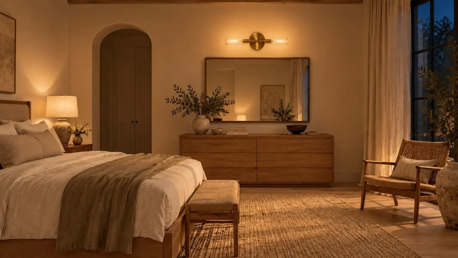 The same brass two-light ribbed glass tube sconce glowing above the bedroom dresser at night