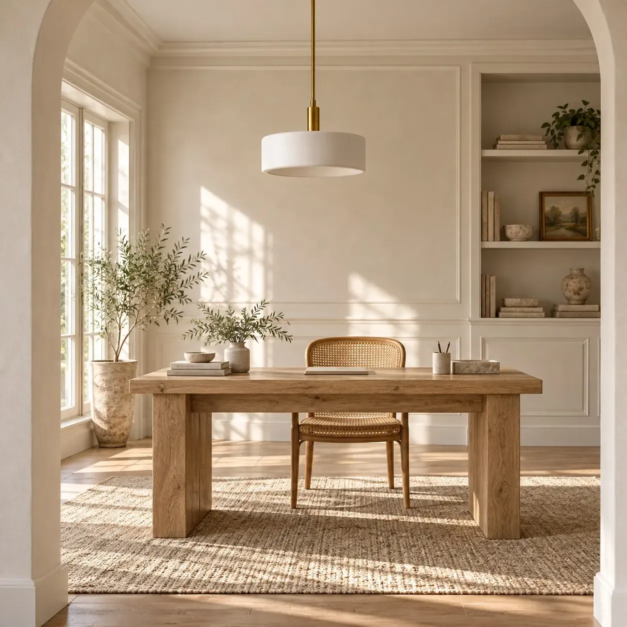 14 inch white porcelain drum pendant unlit over a wood desk in a daylight study